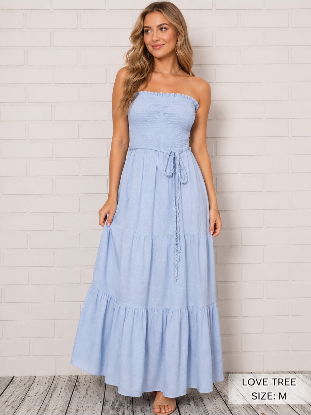 Love Tree Light Blue Strapless Smocked Maxi Dress Size M Boho Summer Cottagecore